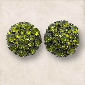 Hobe 1966 Olive Green Rhinestone Dome Cluster Clip-on Silver Tone Earrings